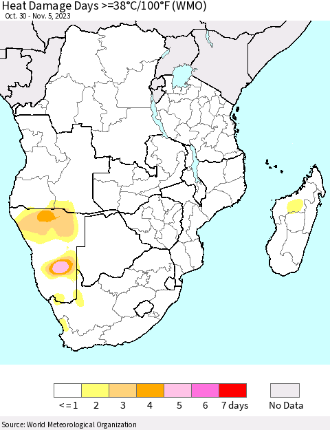 Southern Africa Heat Damage Days >=38°C/100°F (WMO) Thematic Map For 10/30/2023 - 11/5/2023