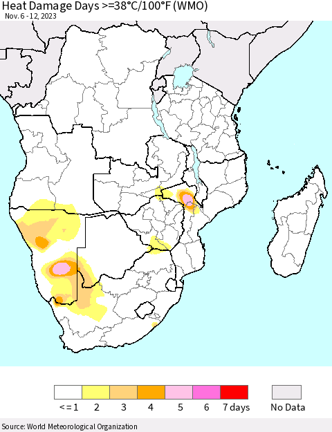 Southern Africa Heat Damage Days >=38°C/100°F (WMO) Thematic Map For 11/6/2023 - 11/12/2023