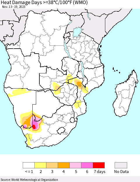 Southern Africa Heat Damage Days >=38°C/100°F (WMO) Thematic Map For 11/13/2023 - 11/19/2023