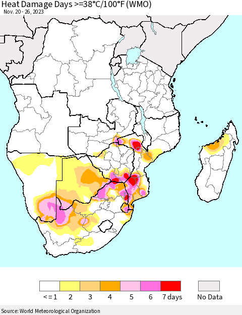Southern Africa Heat Damage Days >=38°C/100°F (WMO) Thematic Map For 11/20/2023 - 11/26/2023