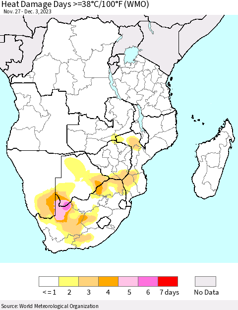 Southern Africa Heat Damage Days >=38°C/100°F (WMO) Thematic Map For 11/27/2023 - 12/3/2023