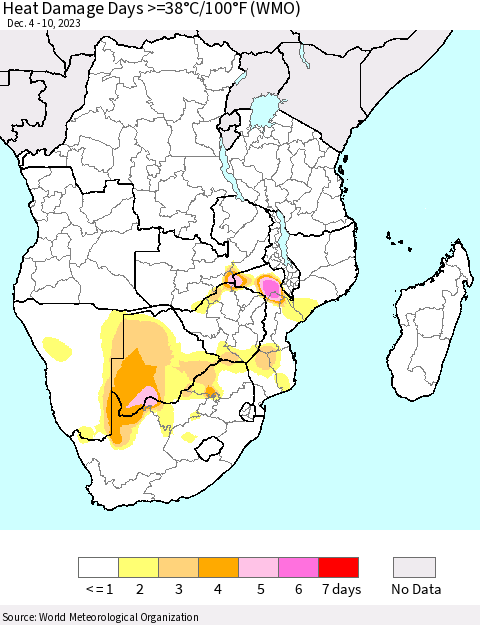 Southern Africa Heat Damage Days >=38°C/100°F (WMO) Thematic Map For 12/4/2023 - 12/10/2023