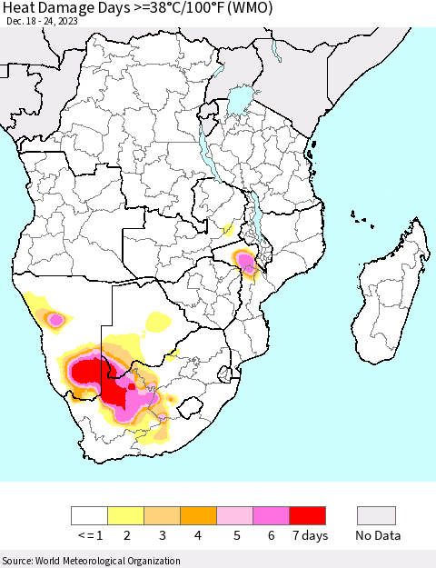 Southern Africa Heat Damage Days >=38°C/100°F (WMO) Thematic Map For 12/18/2023 - 12/24/2023