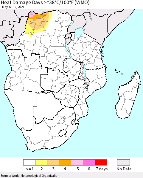 Southern Africa Heat Damage Days >=38°C/100°F (WMO) Thematic Map For 5/6/2024 - 5/12/2024