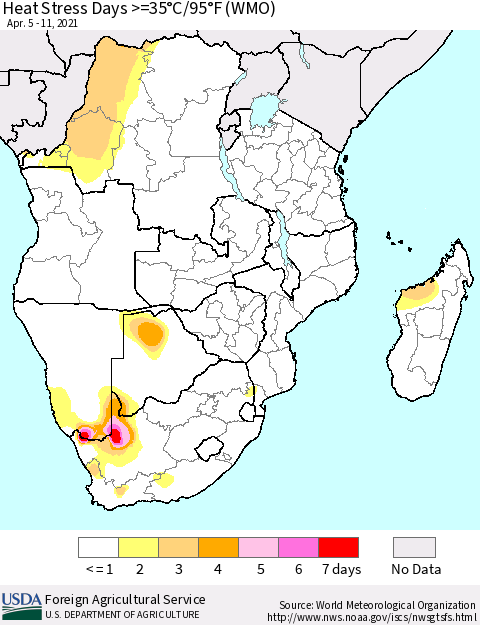 Southern Africa Heat Stress Days >=35°C/95°F (WMO) Thematic Map For 4/5/2021 - 4/11/2021