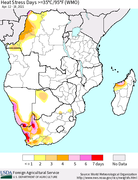 Southern Africa Heat Stress Days >=35°C/95°F (WMO) Thematic Map For 4/12/2021 - 4/18/2021