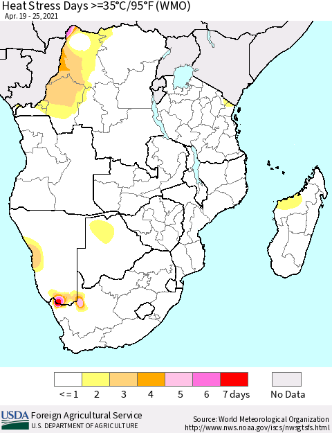 Southern Africa Heat Stress Days >=35°C/95°F (WMO) Thematic Map For 4/19/2021 - 4/25/2021