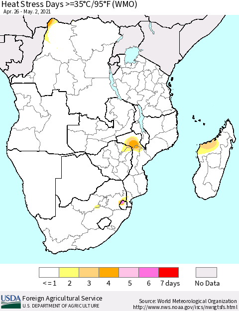 Southern Africa Heat Stress Days >=35°C/95°F (WMO) Thematic Map For 4/26/2021 - 5/2/2021