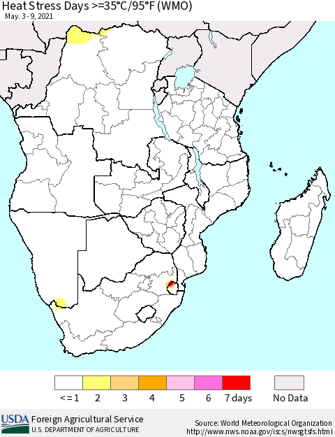 Southern Africa Heat Stress Days >=35°C/95°F (WMO) Thematic Map For 5/3/2021 - 5/9/2021