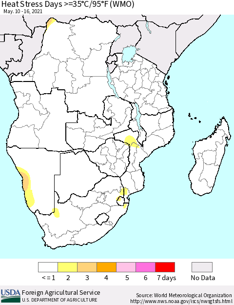Southern Africa Heat Stress Days >=35°C/95°F (WMO) Thematic Map For 5/10/2021 - 5/16/2021