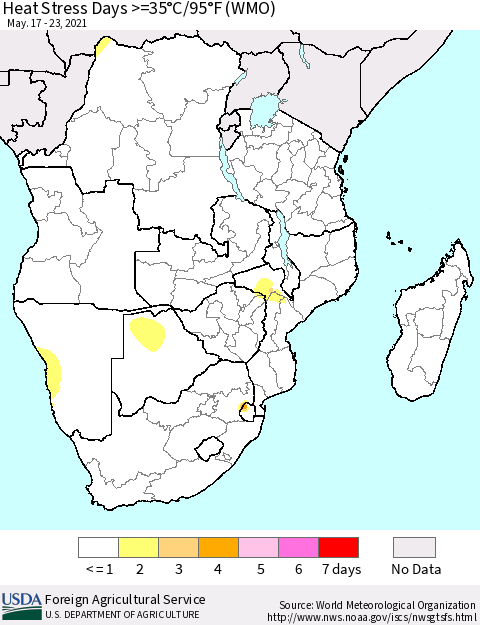 Southern Africa Heat Stress Days >=35°C/95°F (WMO) Thematic Map For 5/17/2021 - 5/23/2021