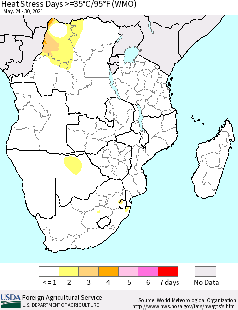 Southern Africa Heat Stress Days >=35°C/95°F (WMO) Thematic Map For 5/24/2021 - 5/30/2021
