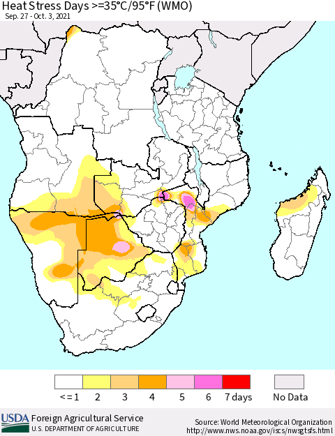 Southern Africa Heat Stress Days >=35°C/95°F (WMO) Thematic Map For 9/27/2021 - 10/3/2021