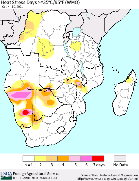 Southern Africa Heat Stress Days >=35°C/95°F (WMO) Thematic Map For 10/4/2021 - 10/10/2021