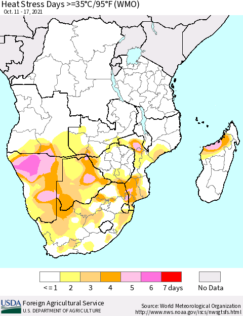 Southern Africa Heat Stress Days >=35°C/95°F (WMO) Thematic Map For 10/11/2021 - 10/17/2021