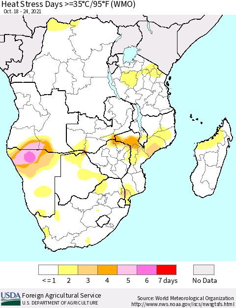 Southern Africa Heat Stress Days >=35°C/95°F (WMO) Thematic Map For 10/18/2021 - 10/24/2021