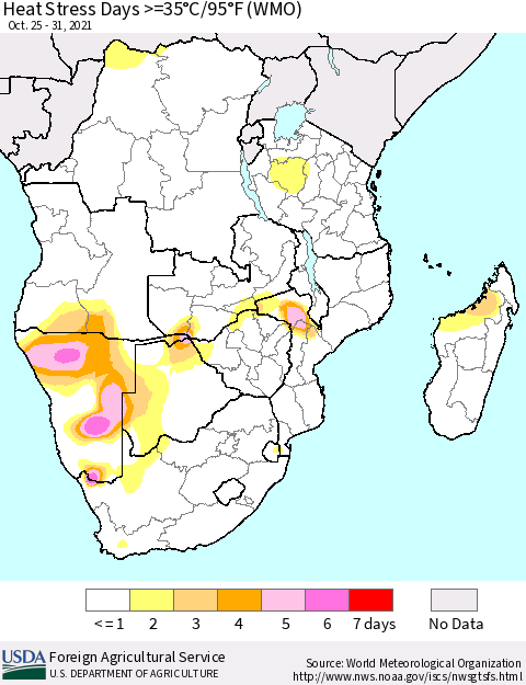 Southern Africa Heat Stress Days >=35°C/95°F (WMO) Thematic Map For 10/25/2021 - 10/31/2021