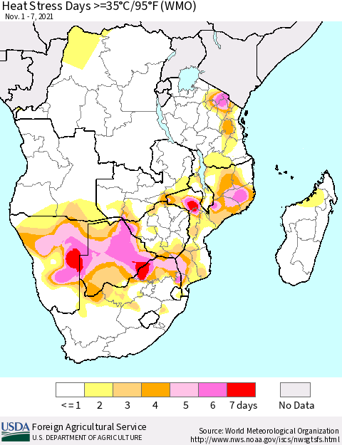 Southern Africa Heat Stress Days >=35°C/95°F (WMO) Thematic Map For 11/1/2021 - 11/7/2021