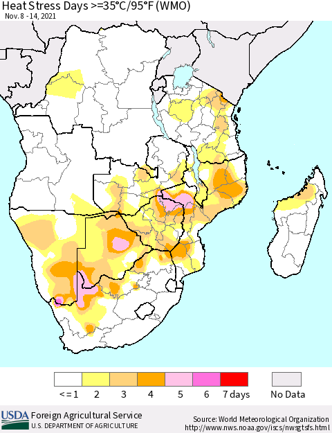 Southern Africa Heat Stress Days >=35°C/95°F (WMO) Thematic Map For 11/8/2021 - 11/14/2021