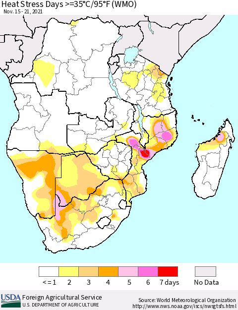 Southern Africa Heat Stress Days >=35°C/95°F (WMO) Thematic Map For 11/15/2021 - 11/21/2021