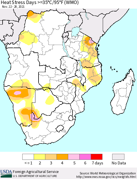 Southern Africa Heat Stress Days >=35°C/95°F (WMO) Thematic Map For 11/22/2021 - 11/28/2021