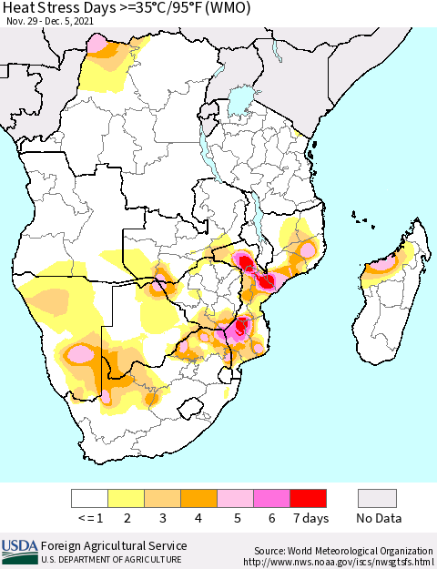 Southern Africa Heat Stress Days >=35°C/95°F (WMO) Thematic Map For 11/29/2021 - 12/5/2021