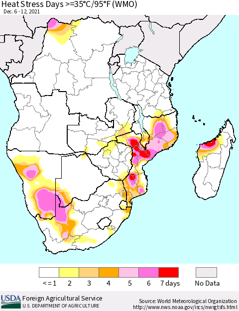 Southern Africa Heat Stress Days >=35°C/95°F (WMO) Thematic Map For 12/6/2021 - 12/12/2021