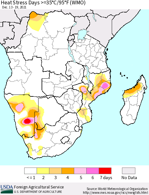 Southern Africa Heat Stress Days >=35°C/95°F (WMO) Thematic Map For 12/13/2021 - 12/19/2021