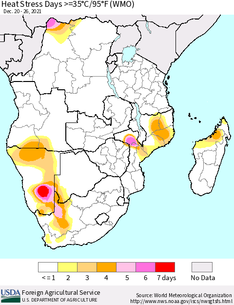 Southern Africa Heat Stress Days >=35°C/95°F (WMO) Thematic Map For 12/20/2021 - 12/26/2021