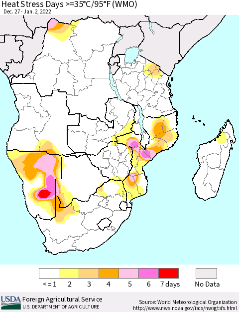 Southern Africa Heat Stress Days >=35°C/95°F (WMO) Thematic Map For 12/27/2021 - 1/2/2022