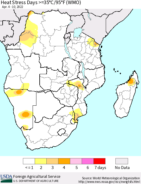 Southern Africa Heat Stress Days >=35°C/95°F (WMO) Thematic Map For 4/4/2022 - 4/10/2022