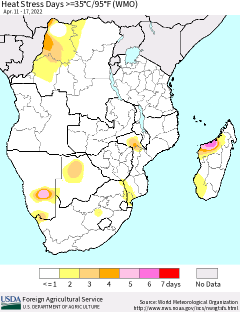 Southern Africa Heat Stress Days >=35°C/95°F (WMO) Thematic Map For 4/11/2022 - 4/17/2022