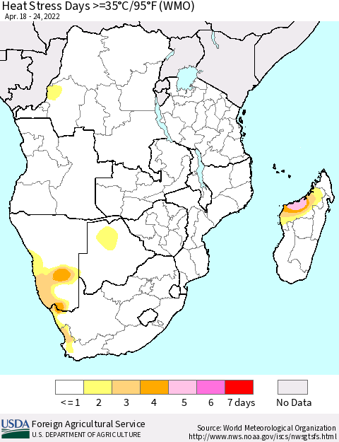 Southern Africa Heat Stress Days >=35°C/95°F (WMO) Thematic Map For 4/18/2022 - 4/24/2022