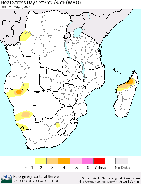 Southern Africa Heat Stress Days >=35°C/95°F (WMO) Thematic Map For 4/25/2022 - 5/1/2022