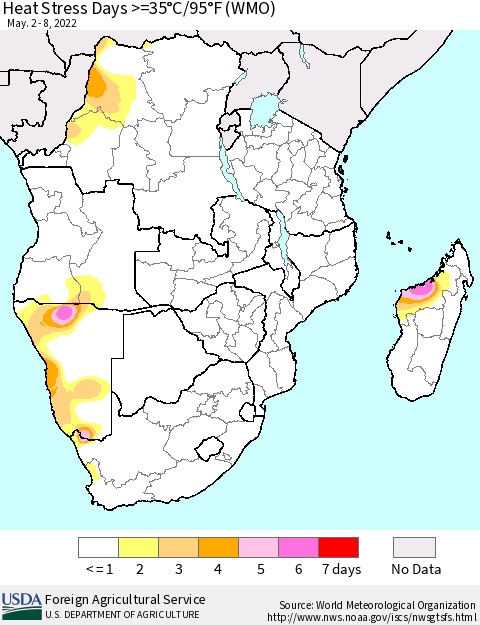 Southern Africa Heat Stress Days >=35°C/95°F (WMO) Thematic Map For 5/2/2022 - 5/8/2022