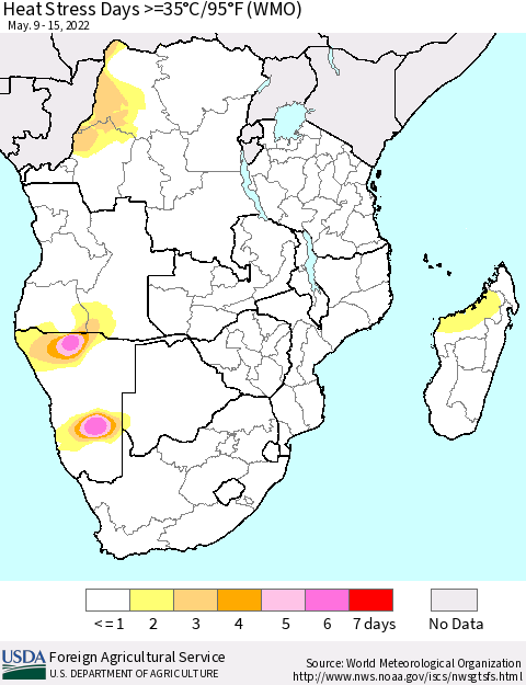 Southern Africa Heat Stress Days >=35°C/95°F (WMO) Thematic Map For 5/9/2022 - 5/15/2022