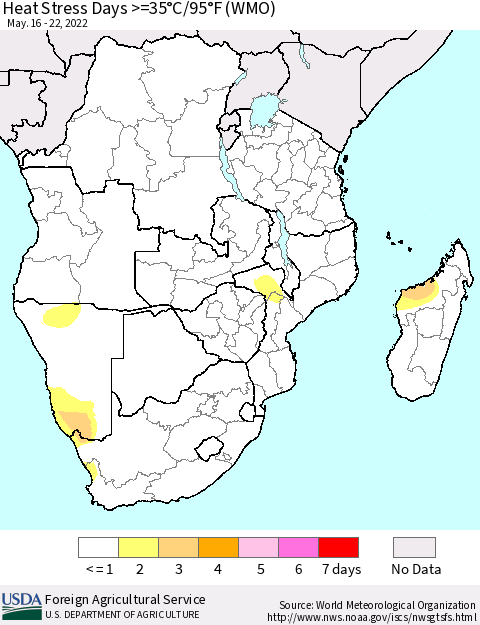 Southern Africa Heat Stress Days >=35°C/95°F (WMO) Thematic Map For 5/16/2022 - 5/22/2022