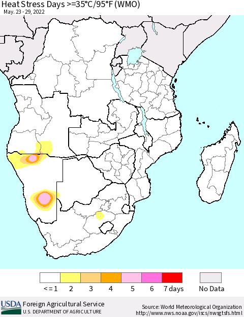 Southern Africa Heat Stress Days >=35°C/95°F (WMO) Thematic Map For 5/23/2022 - 5/29/2022