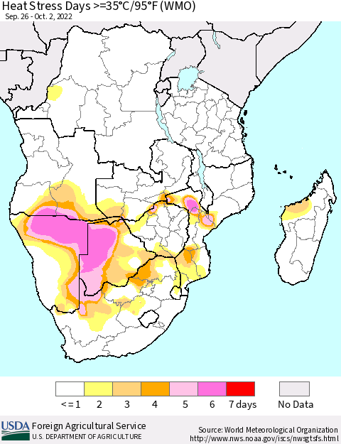 Southern Africa Heat Stress Days >=35°C/95°F (WMO) Thematic Map For 9/26/2022 - 10/2/2022