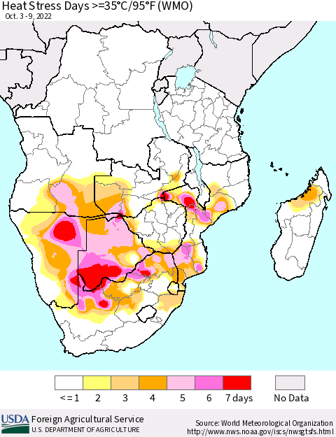 Southern Africa Heat Stress Days >=35°C/95°F (WMO) Thematic Map For 10/3/2022 - 10/9/2022