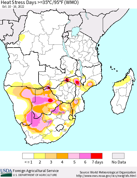 Southern Africa Heat Stress Days >=35°C/95°F (WMO) Thematic Map For 10/10/2022 - 10/16/2022