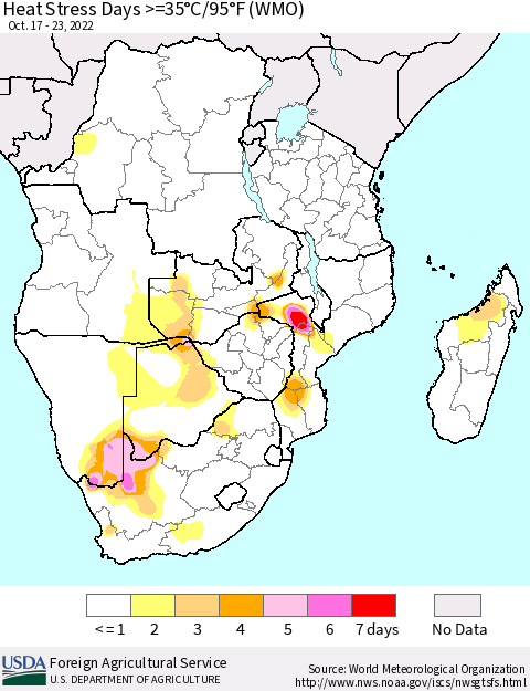 Southern Africa Heat Stress Days >=35°C/95°F (WMO) Thematic Map For 10/17/2022 - 10/23/2022