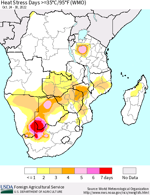 Southern Africa Heat Stress Days >=35°C/95°F (WMO) Thematic Map For 10/24/2022 - 10/30/2022