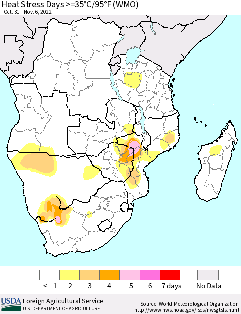 Southern Africa Heat Stress Days >=35°C/95°F (WMO) Thematic Map For 10/31/2022 - 11/6/2022