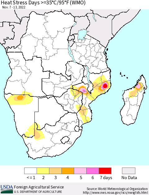 Southern Africa Heat Stress Days >=35°C/95°F (WMO) Thematic Map For 11/7/2022 - 11/13/2022