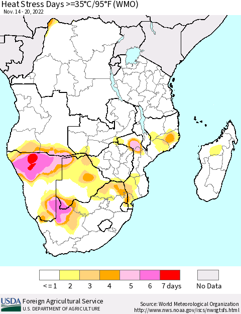 Southern Africa Heat Stress Days >=35°C/95°F (WMO) Thematic Map For 11/14/2022 - 11/20/2022