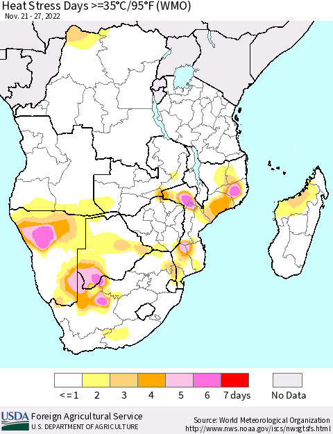 Southern Africa Heat Stress Days >=35°C/95°F (WMO) Thematic Map For 11/21/2022 - 11/27/2022