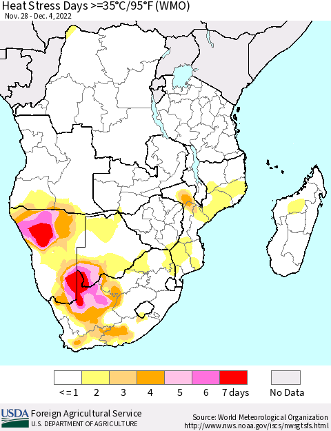 Southern Africa Heat Stress Days >=35°C/95°F (WMO) Thematic Map For 11/28/2022 - 12/4/2022