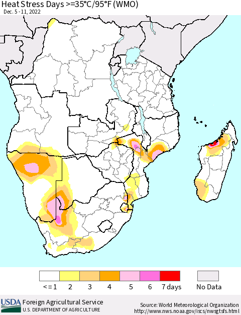 Southern Africa Heat Stress Days >=35°C/95°F (WMO) Thematic Map For 12/5/2022 - 12/11/2022