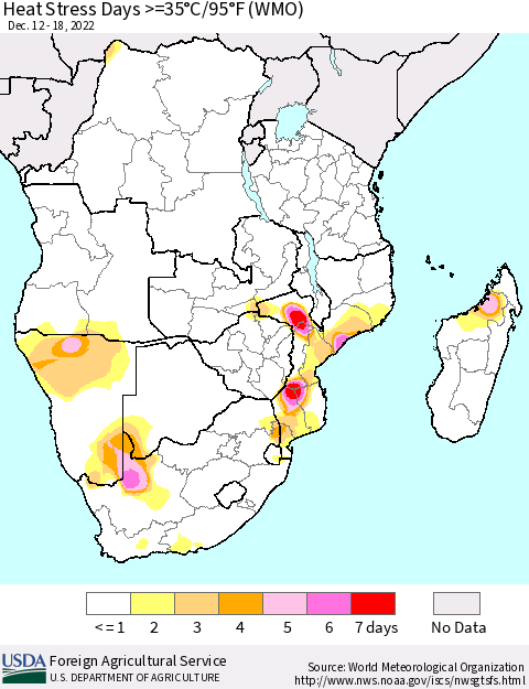 Southern Africa Heat Stress Days >=35°C/95°F (WMO) Thematic Map For 12/12/2022 - 12/18/2022
